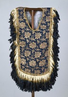 Fringed tunics and pantaloons, with double-vined tree peony arabesque pattern gold-brocaded on deep blue fabric image